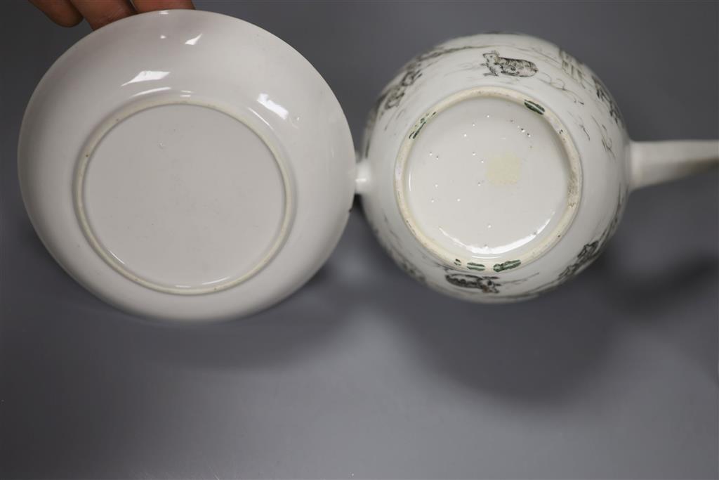 A Chinese grisaille teapot, 14cm high tea caddy and cover and a coffee cup and saucer, Qianlong period